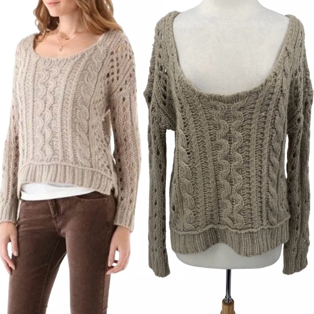 Free People Wool Mohair Blend Chunky Cable Knit Sweater Scoop Neck Neutral Taupe